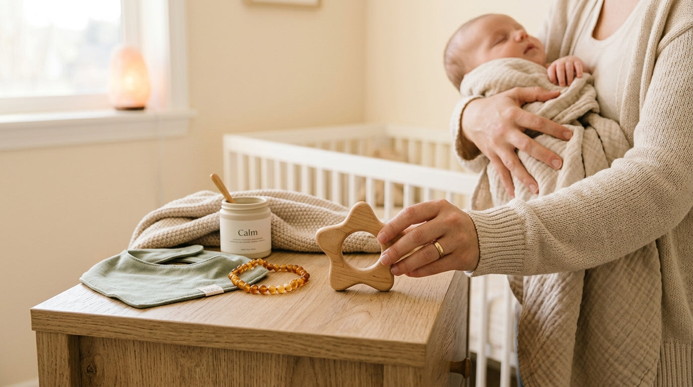 A tired mom holding a teething baby in a dimly lit nursery