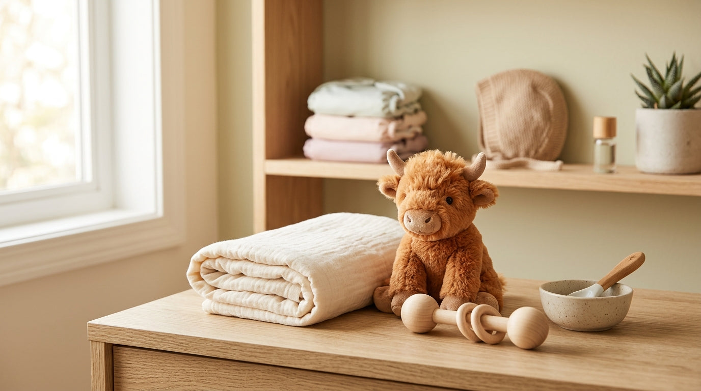 A tired dad holding a silicone cow teether in a London flat