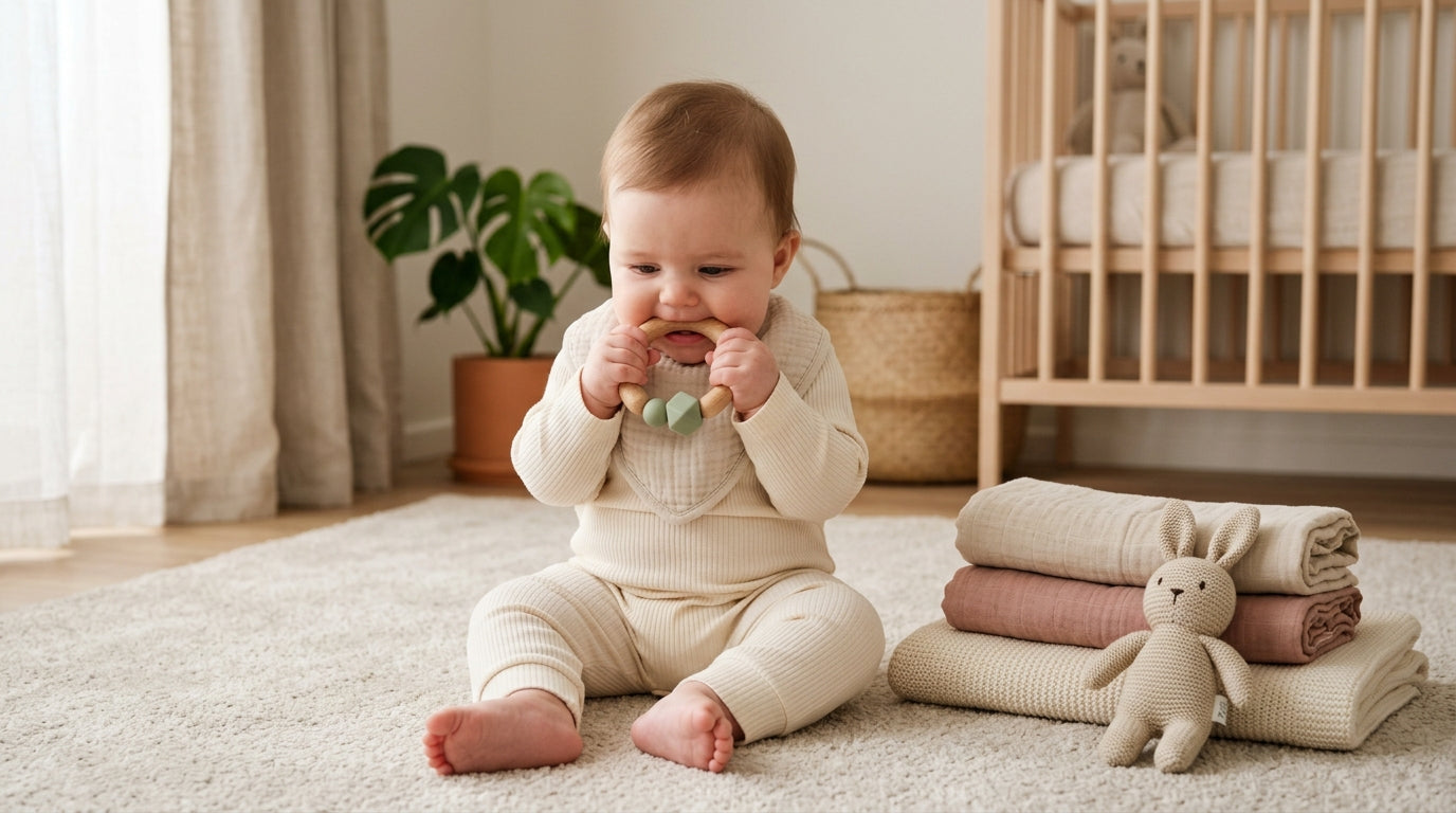 Tired British dad holding a teething G Baby and a silicone sloth teether in a London flat at 3am