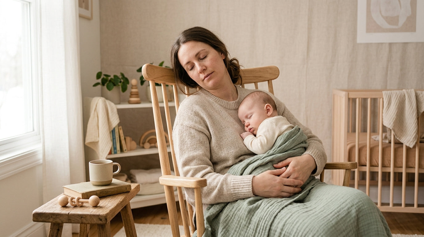 Exhausted mother holding a crying baby in a dimly lit nursery