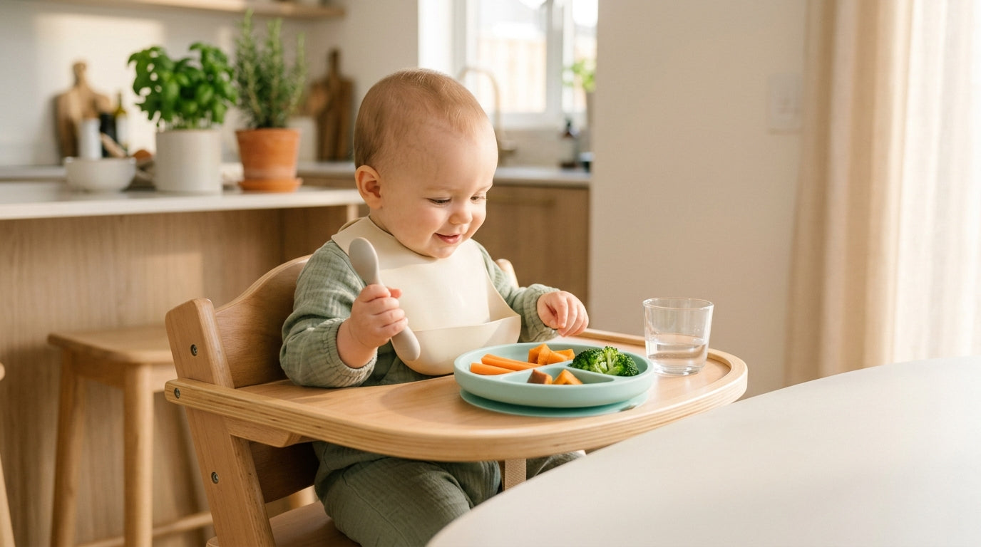 Marcus's baby in a highchair experiencing a messy baby bistro los angeles style meal