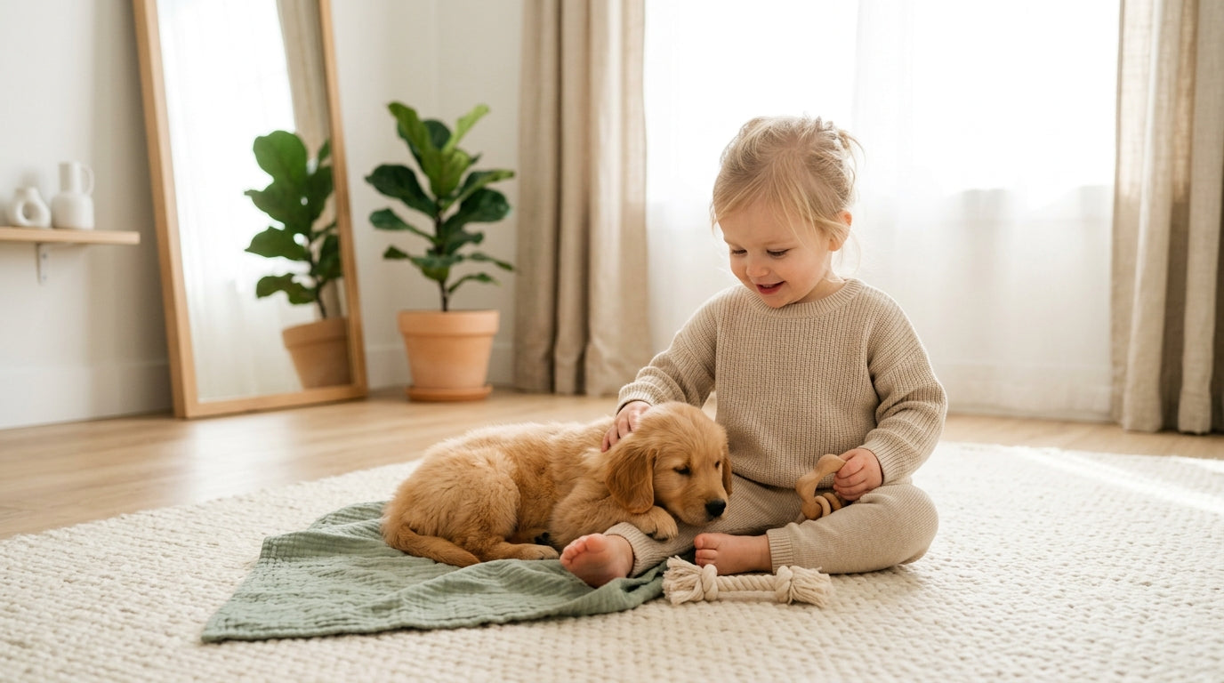 A tired mom sitting on the floor surrounded by toddlers and a sleeping puppy.
