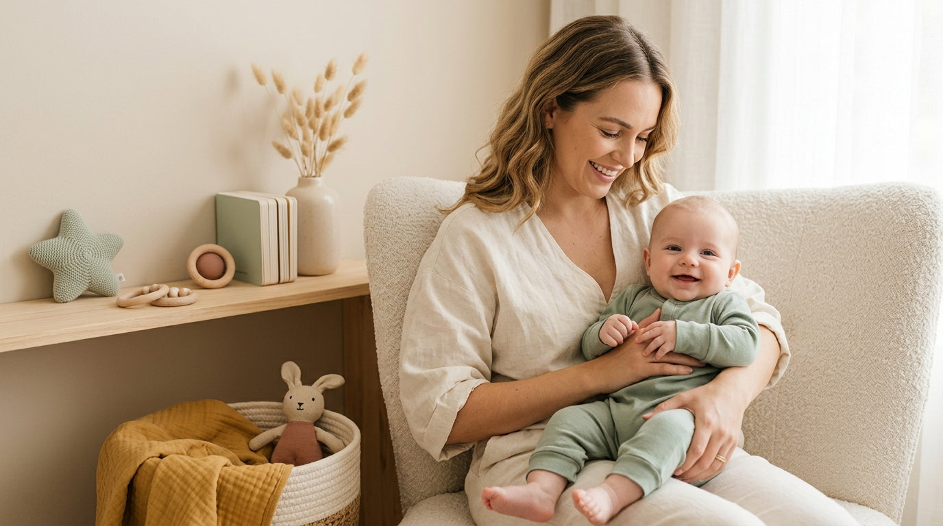 Exhausted dad holding two screaming twin babies in a messy London kitchen.
