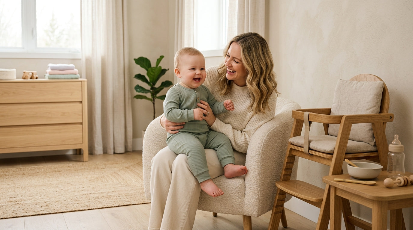A remarkably chubby infant in a stretchy organic cotton bodysuit sitting happily on a wooden play mat.