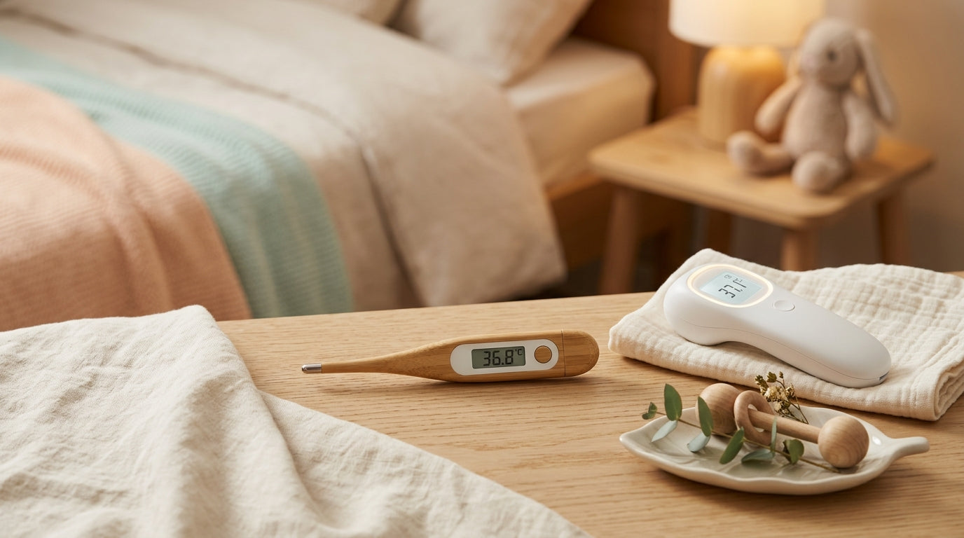 Tired mom sitting in a nursery rocking chair holding a digital thermometer