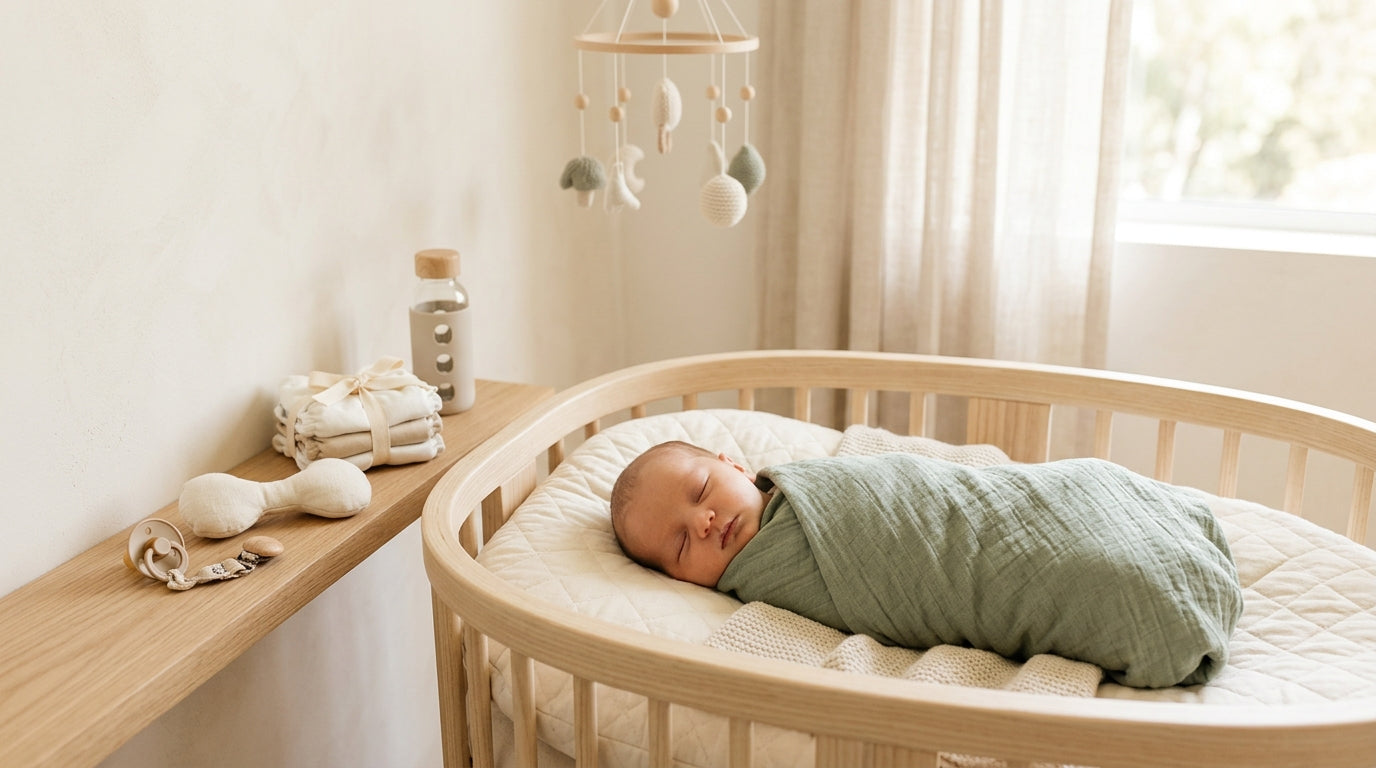 Exhausted mother staring at a sleeping infant in a dimly lit nursery room