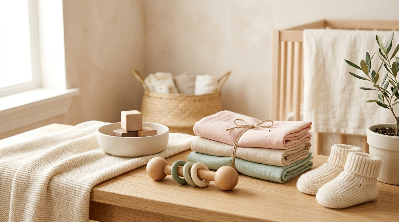 Dad looking exhausted holding two babies surrounded by useless baby products