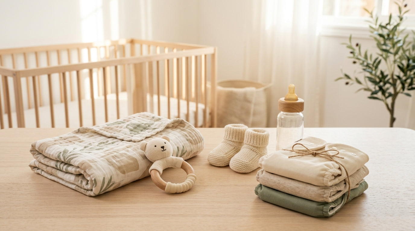 Exhausted mom drinking cold coffee holding a sleeping newborn baby