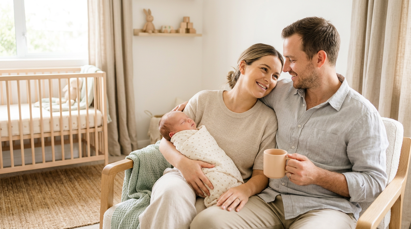 Tired mom holding a newborn baby wrapped in a soft organic cotton swaddle