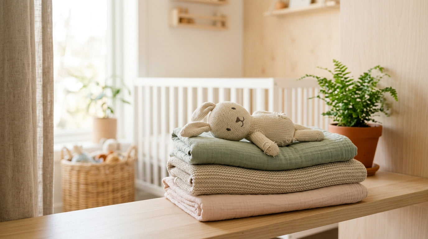 A simple wooden memory box sitting on a folded cotton blanket