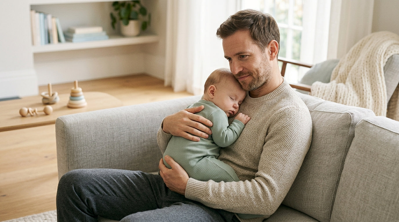 Exhausted dad staring blankly into space while holding two screaming infants