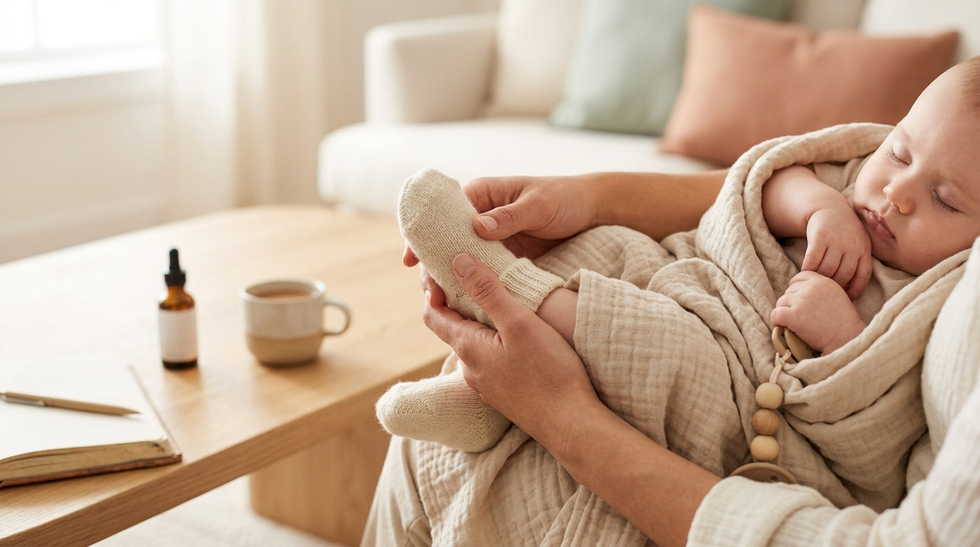 A tired mom in a messy bun holding a congested baby wrapped in an organic cotton blanket.