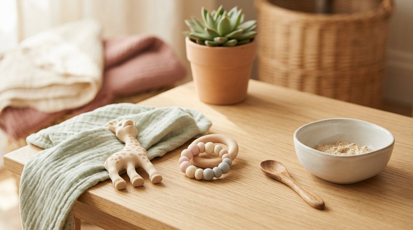 Exhausted mom in a messy kitchen holding a crying baby chewing on a silicone panda toy