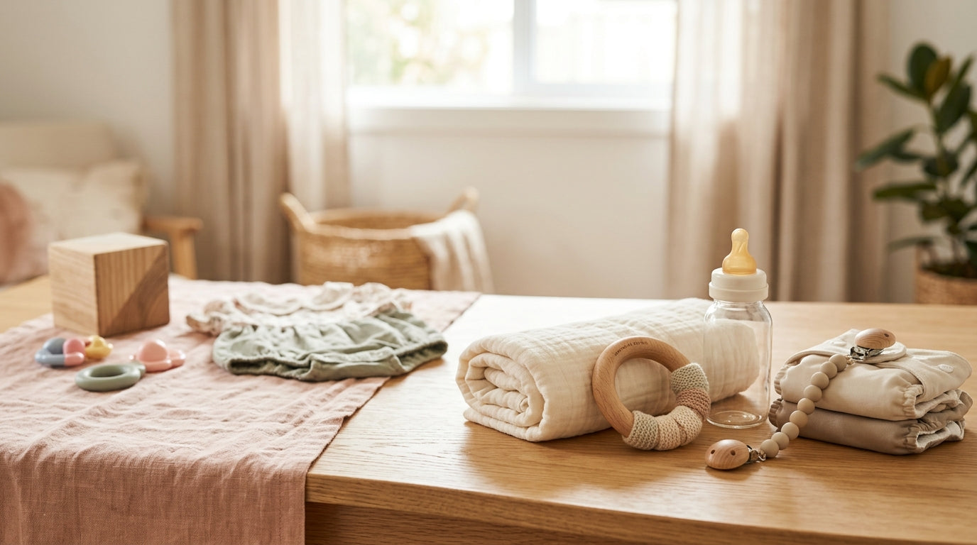 Mother scrolling phone in dark nursery holding a sleeping baby