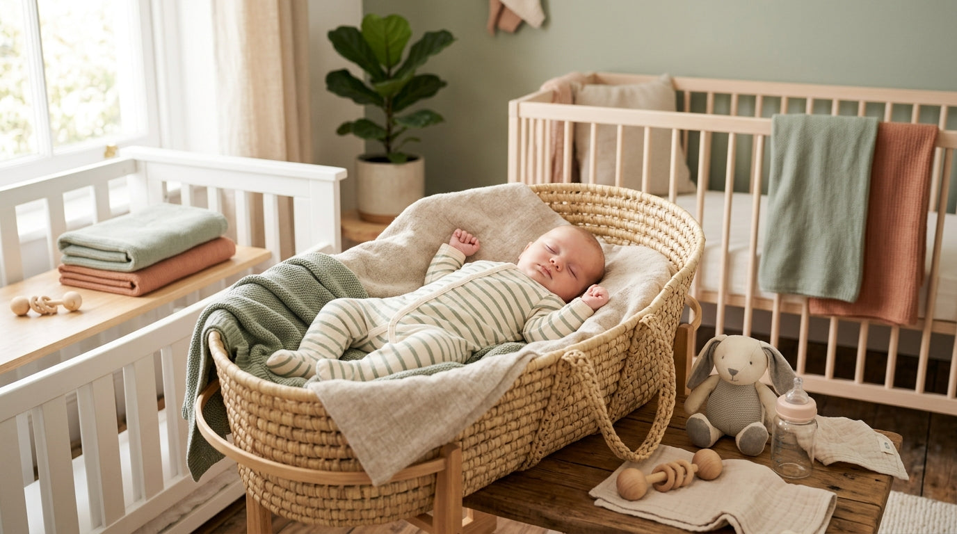 A tired mom holding a newborn baby while surrounded by a pile of unsorted laundry