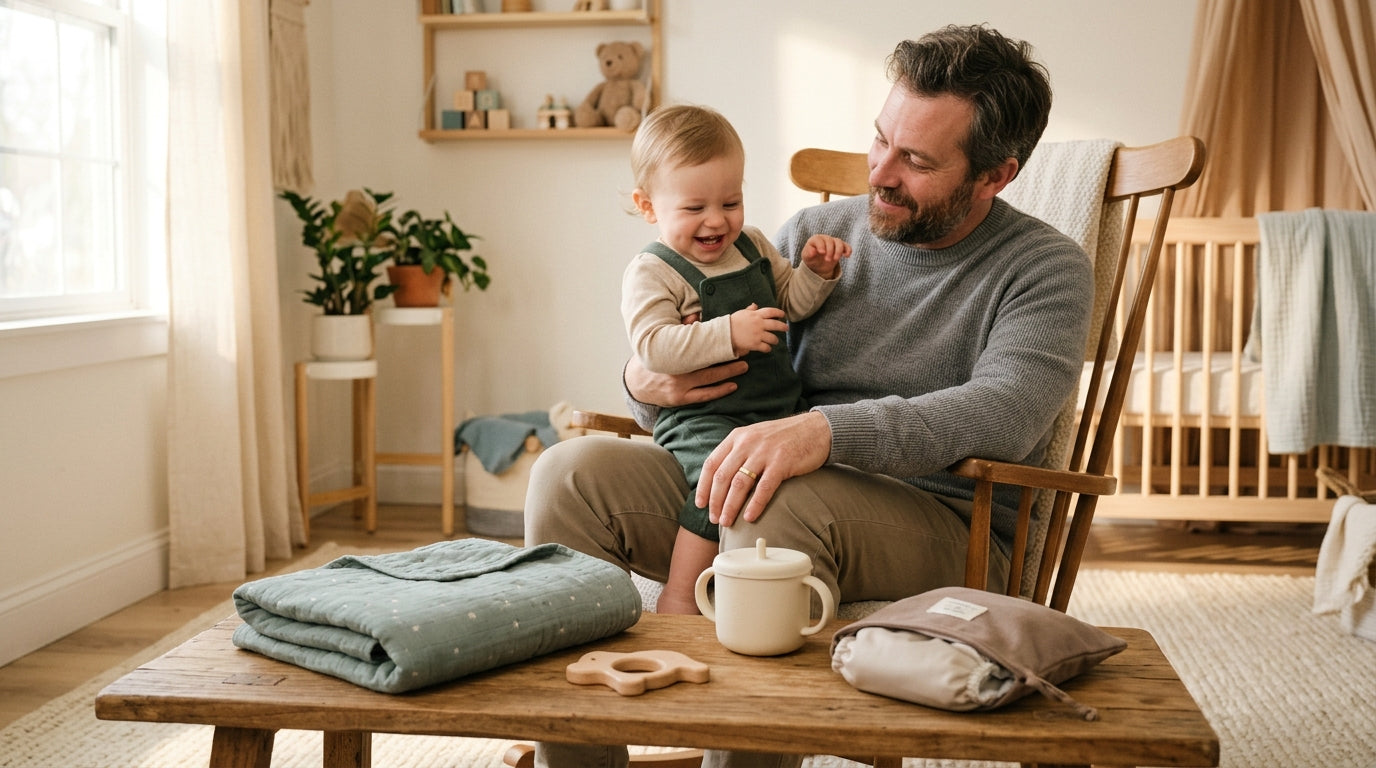 Exhausted dad looking at baby monitor showing a blurry 11-month-old standing in a crib in the dark.