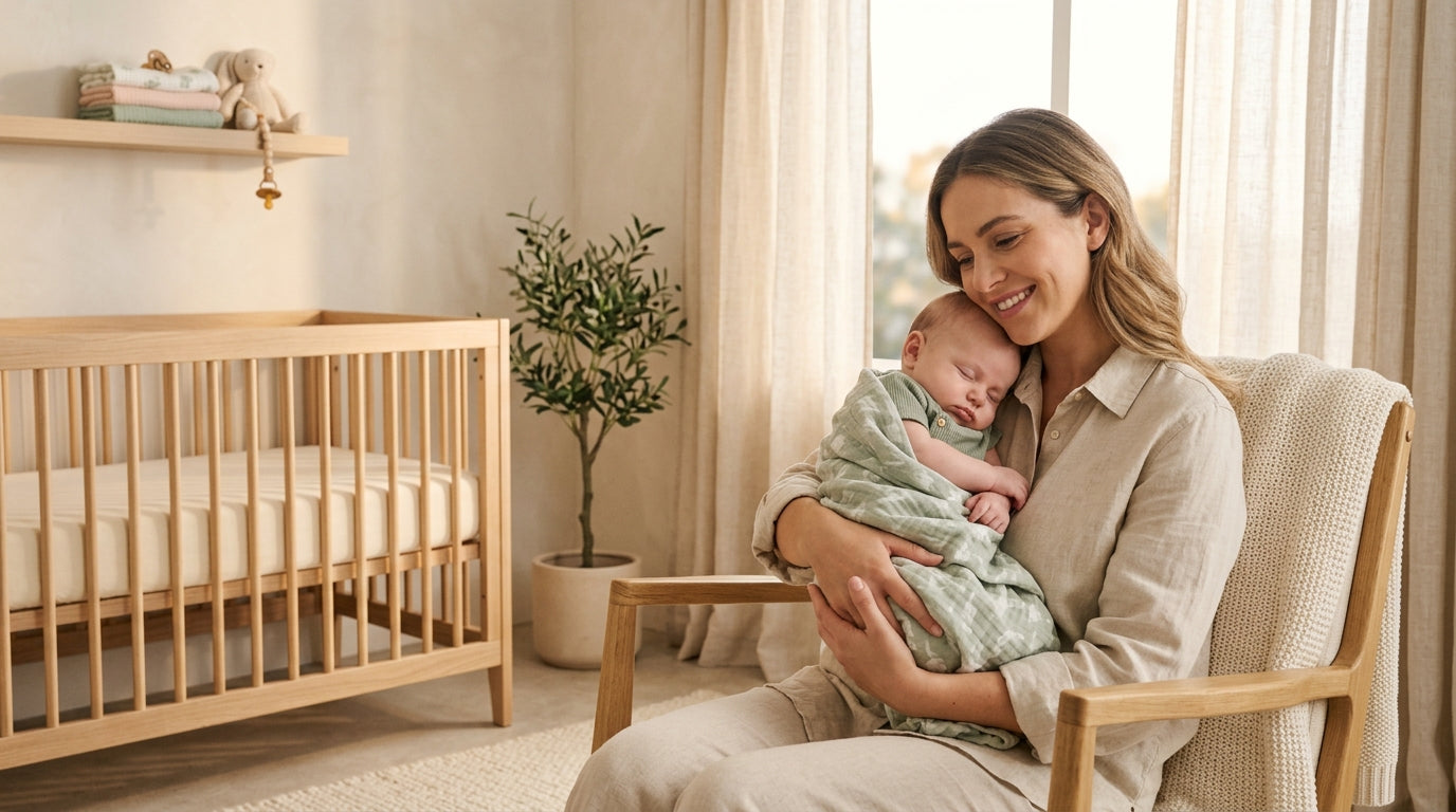 A tired father holding a screaming newborn in a dimly lit kitchen.