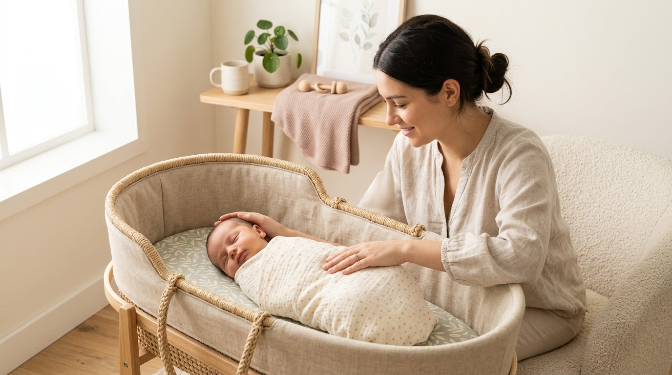 Exhausted mom in a messy living room holding a crying newborn