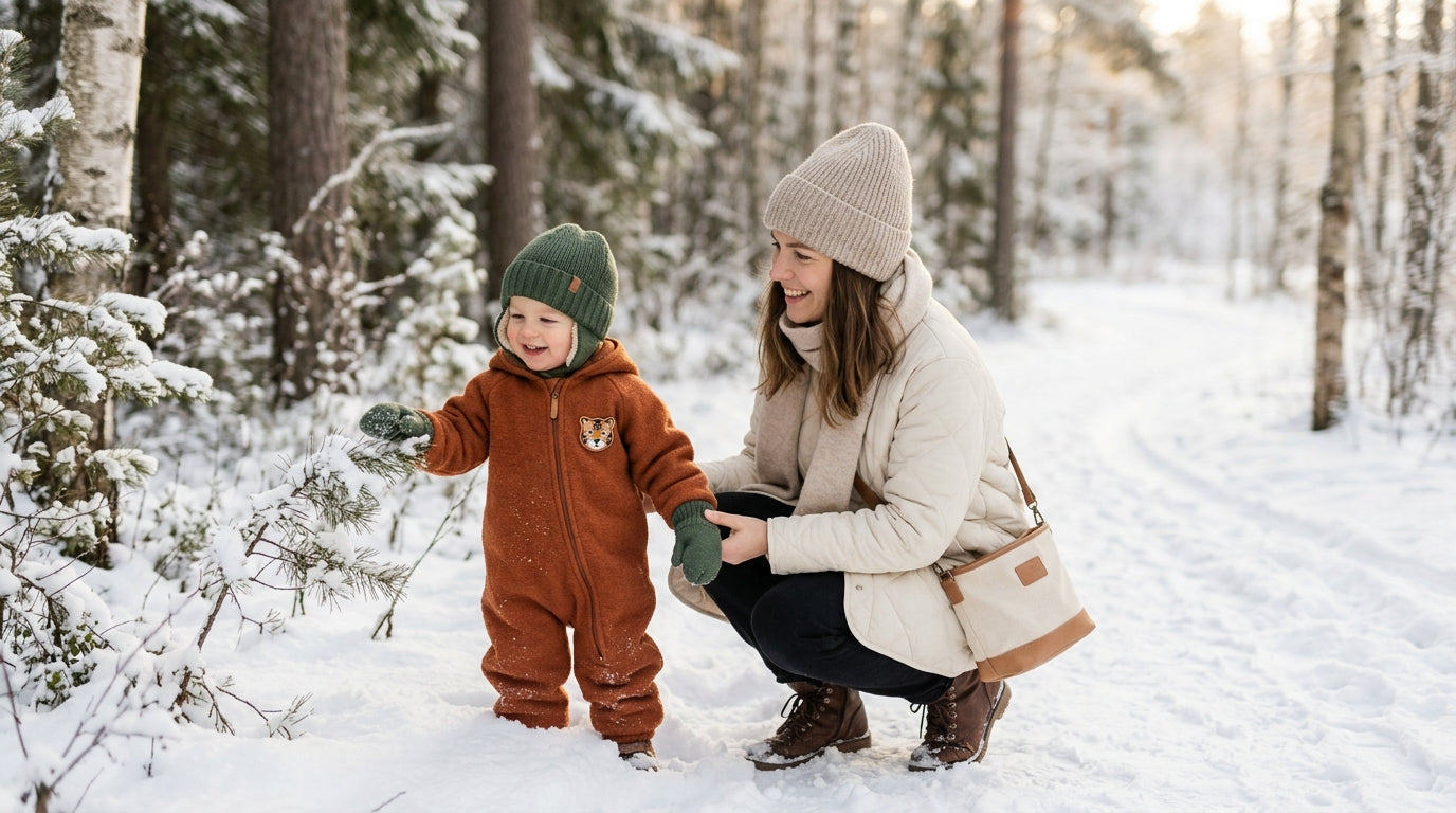 A bundled up baby looking grumpy in a winter stroller