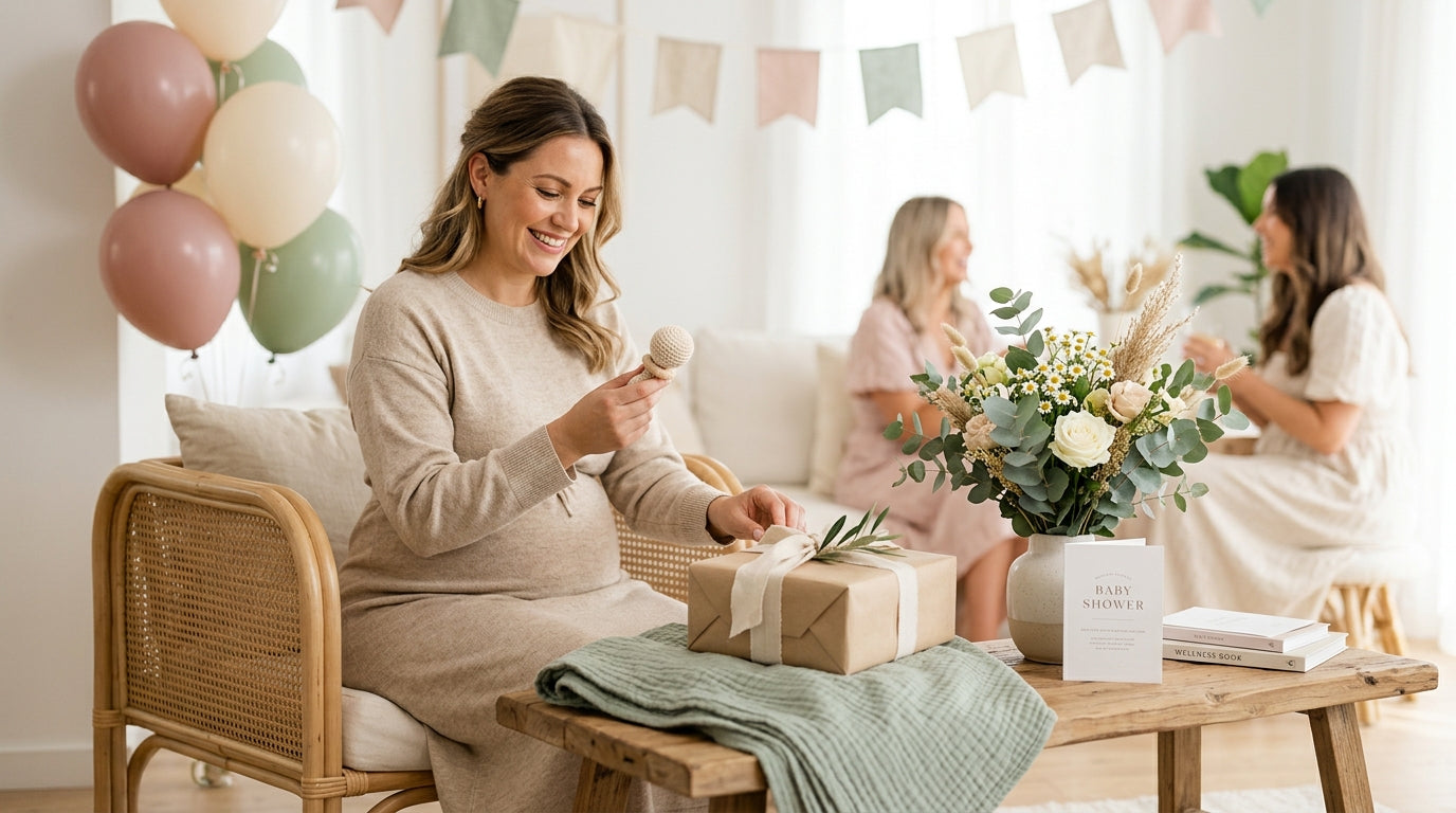 Pregnant mother sitting on floor surrounded by baby shower gifts and neutral decor.