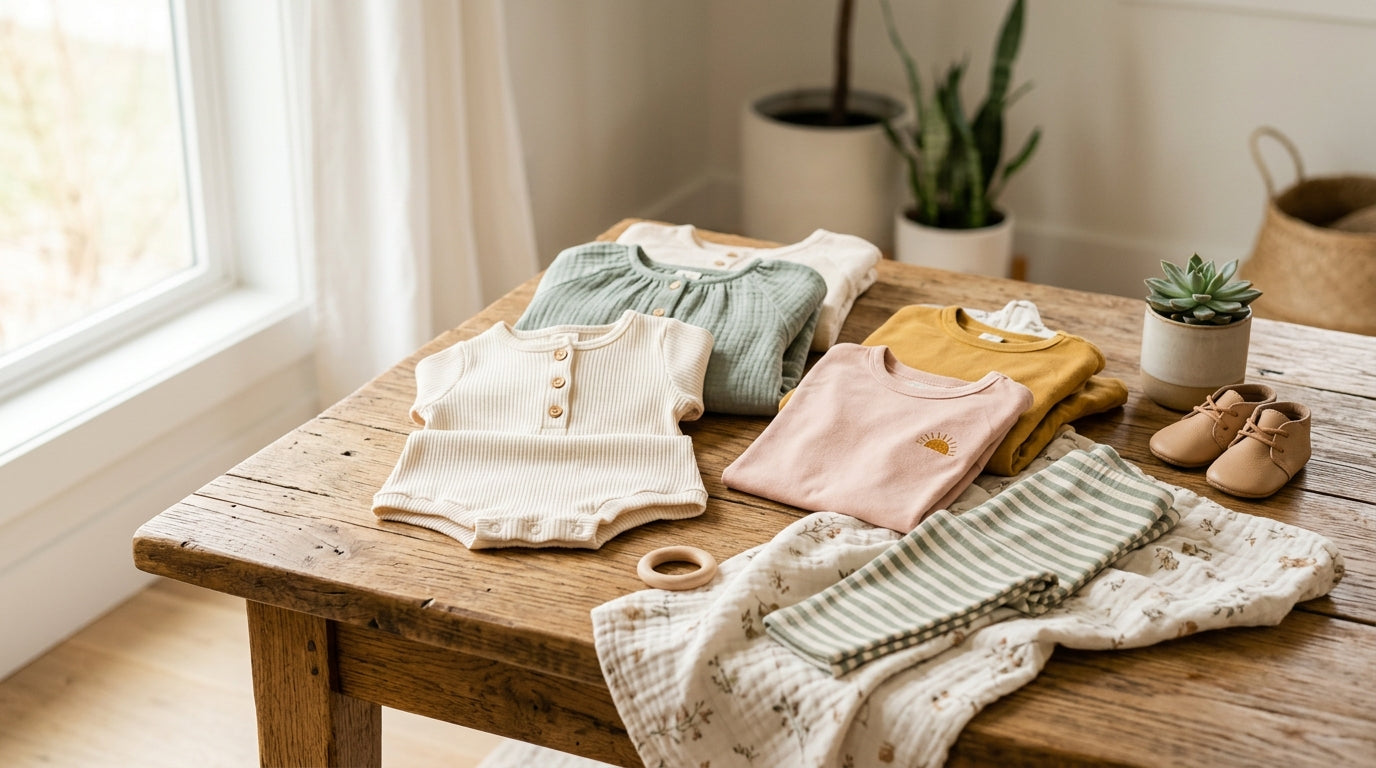 Baby rolling on an organic cotton deer blanket wearing soft clothes