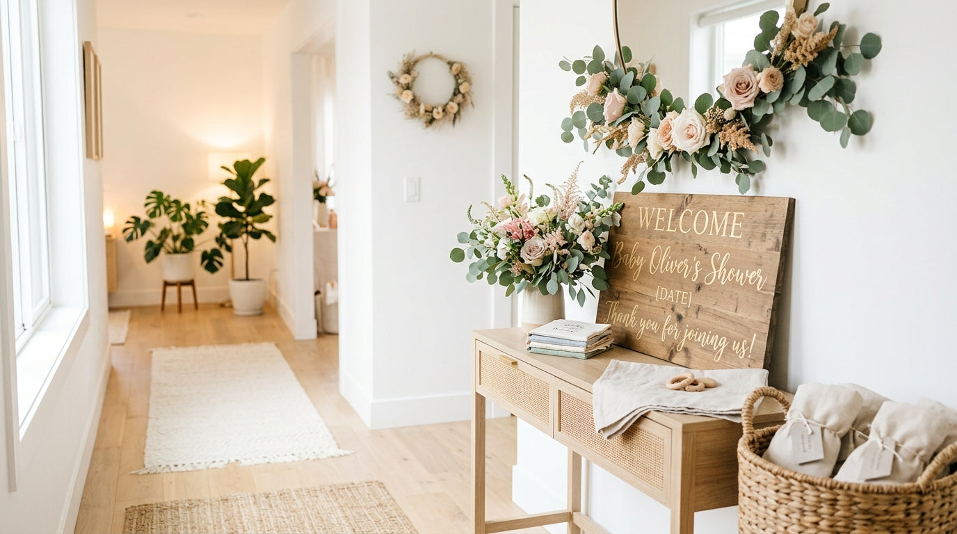 Wooden easel holding a matte baby shower greeting board draped with a purple organic blanket.