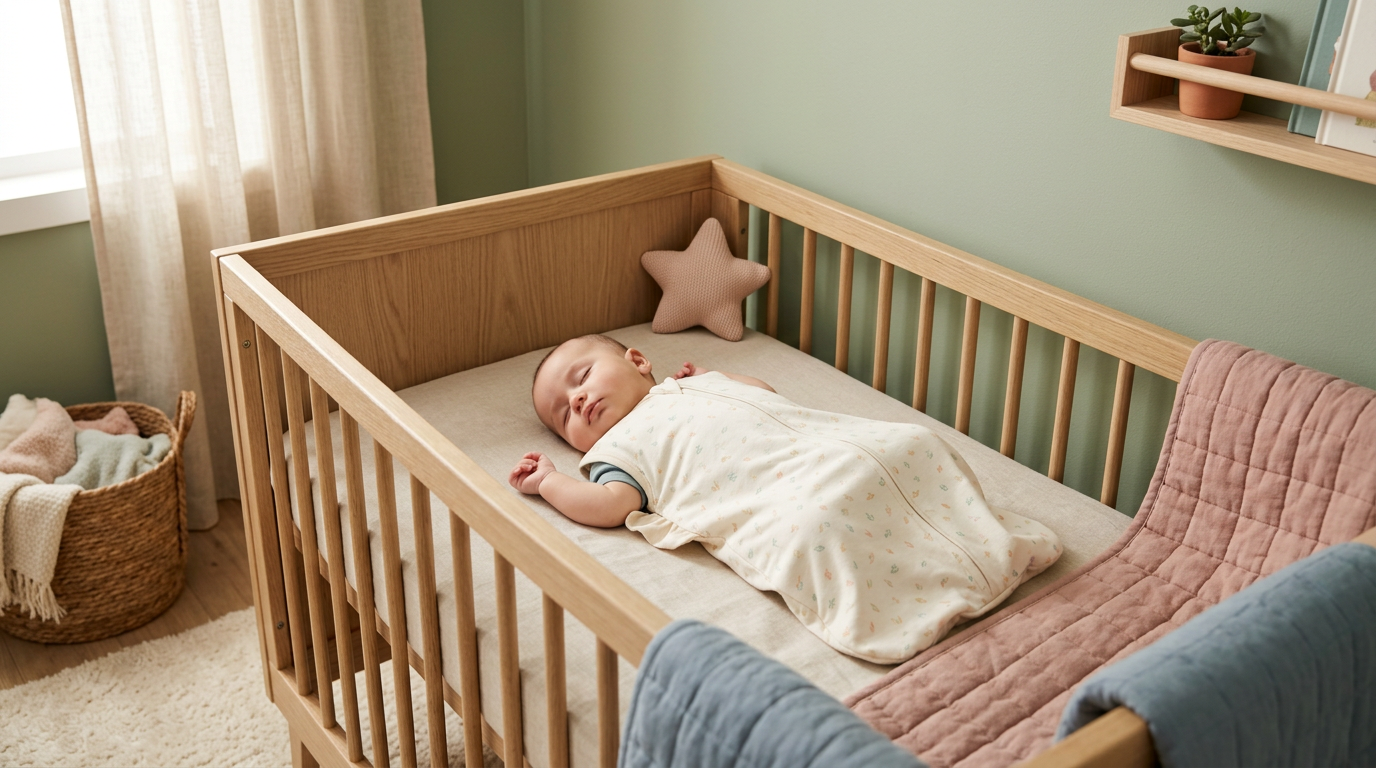A baby sleeping safely in a wearable blanket