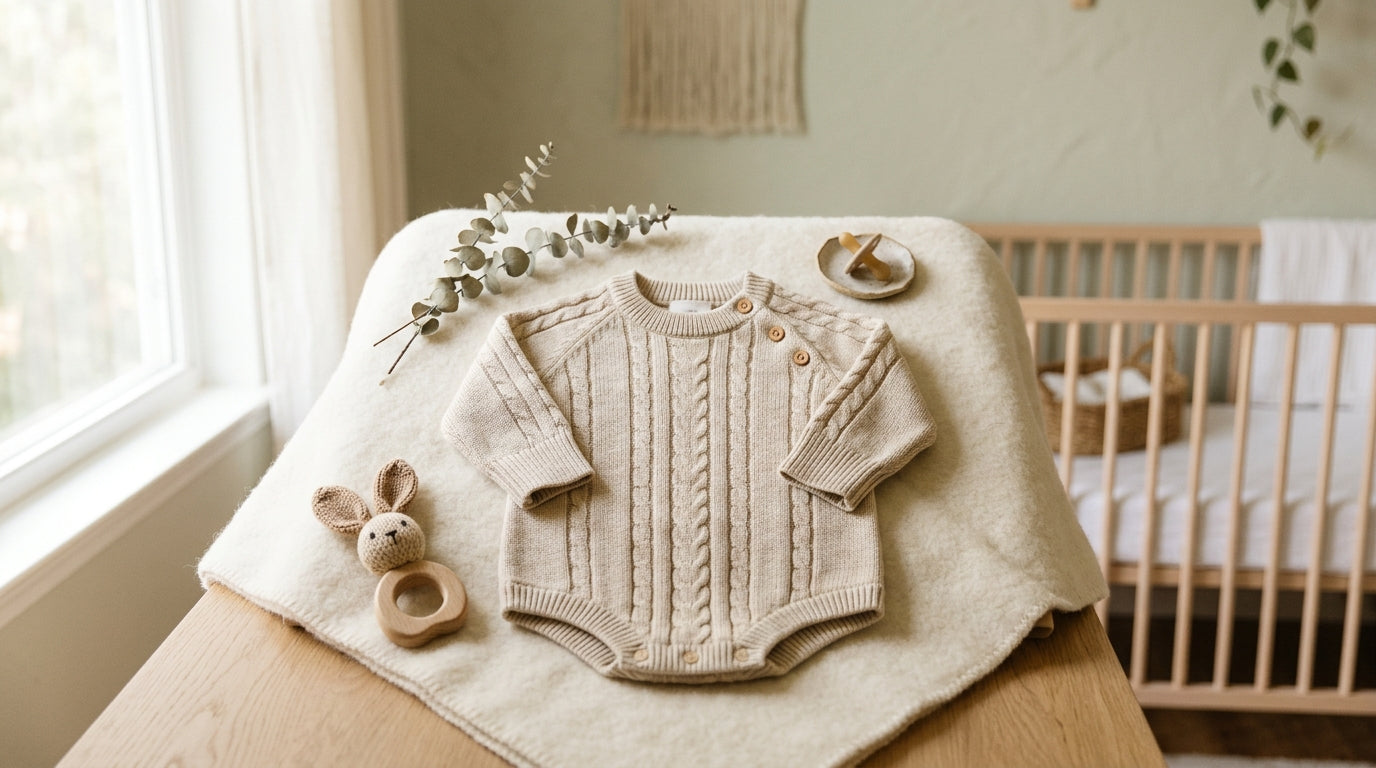 A frustrated dad looking at a thick knit baby romper without crotch snaps.