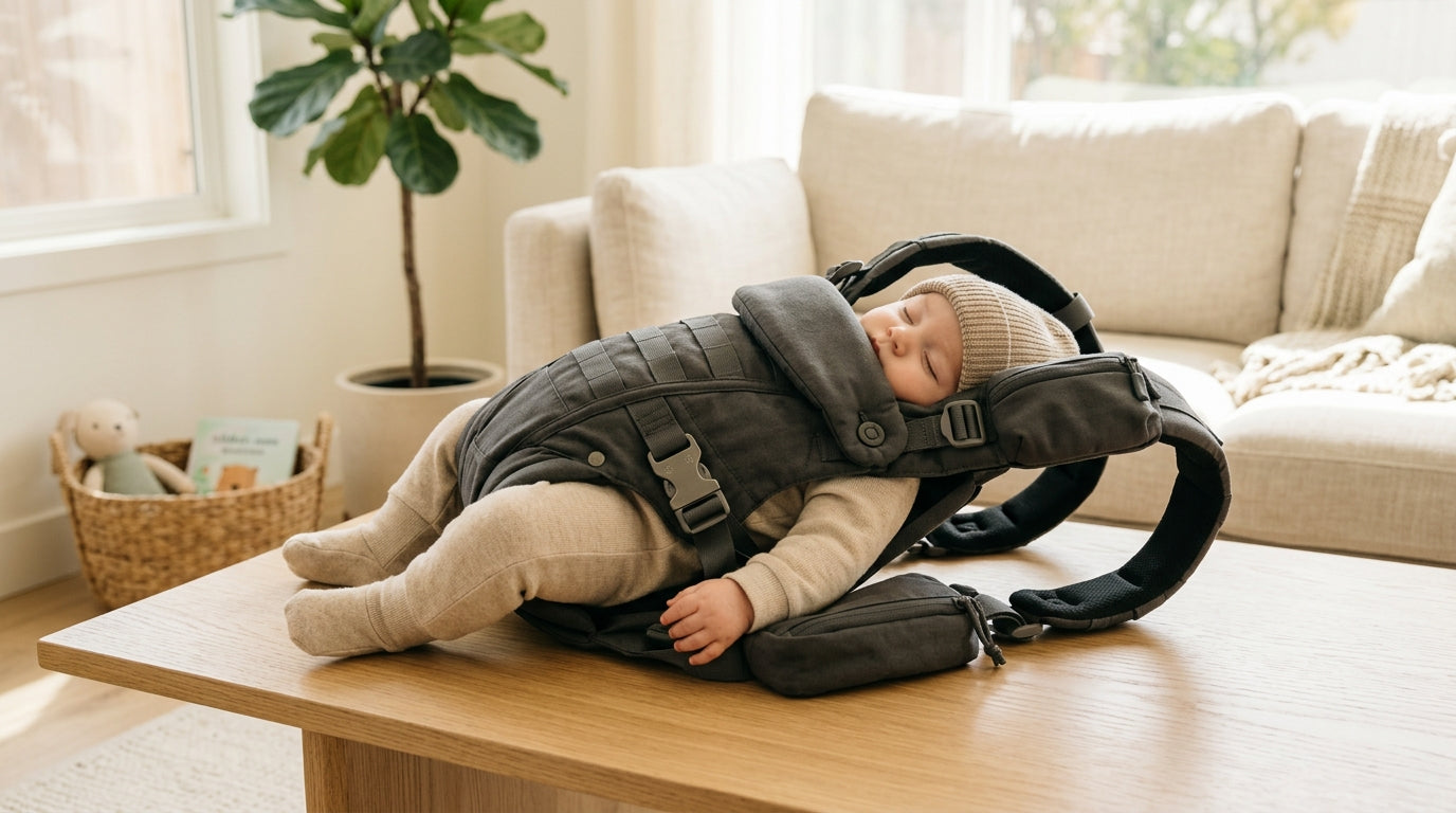 Dad wearing a green tactical baby carrier with pouches attached while hiking on a dirt trail.