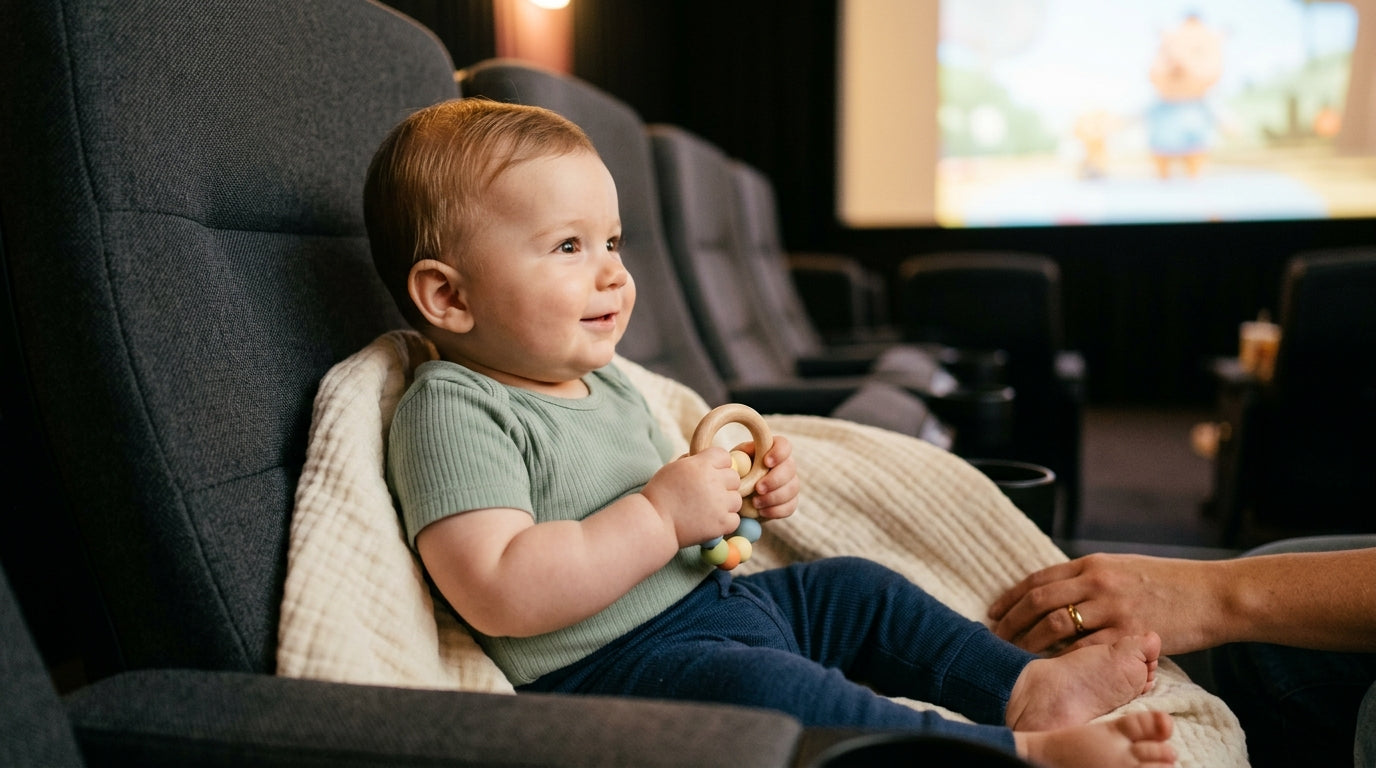 Dad checking his smartwatch decibel meter while holding a baby in earmuffs.