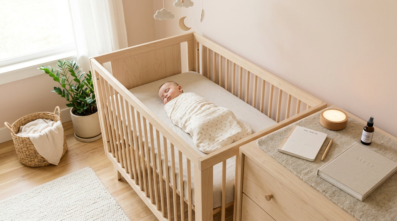 A tired dad sitting on a nursery floor looking at his phone in the dark