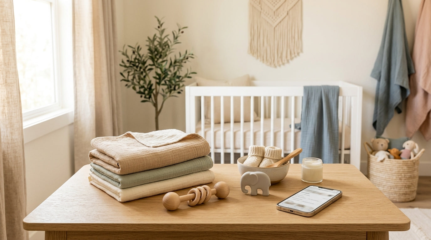 Confused mom looking at baby products on the Target app while drinking coffee