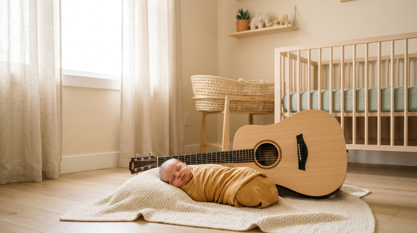 Taylor Big Baby guitar next to a ten-pound newborn in a Texas nursery