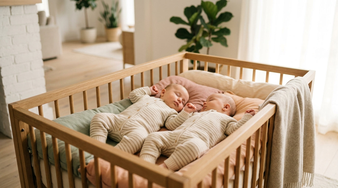 Exhausted dad holding twin girls next to ruined DIY milestone outfits