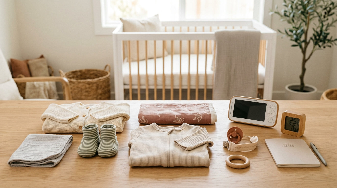 A confused dad looking at a giant spreadsheet of newborn clothing sizes and TOG ratings