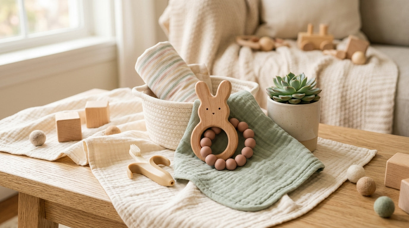 A tired mom holding a silicone panda teether while a baby gnaws on it