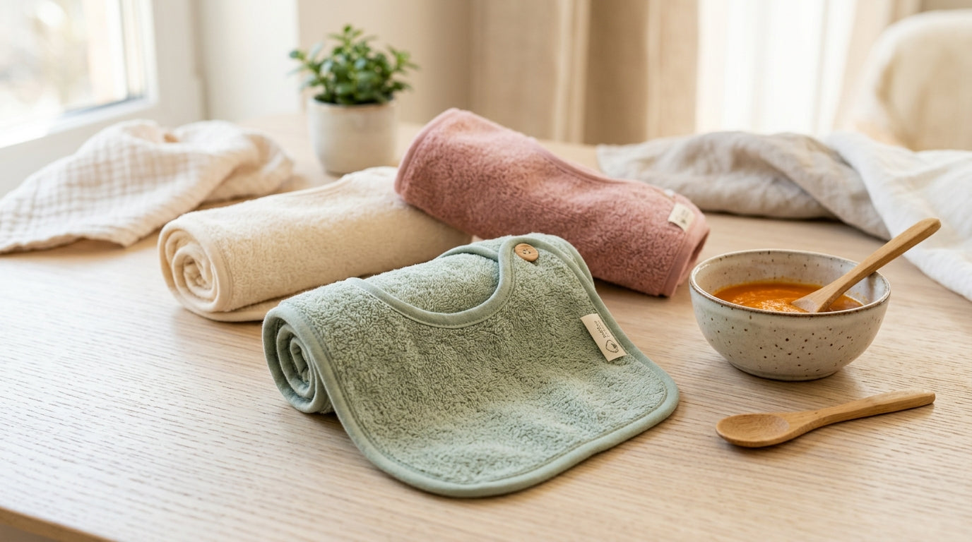 A messy toddler wearing a terrycloth bib eating spaghetti