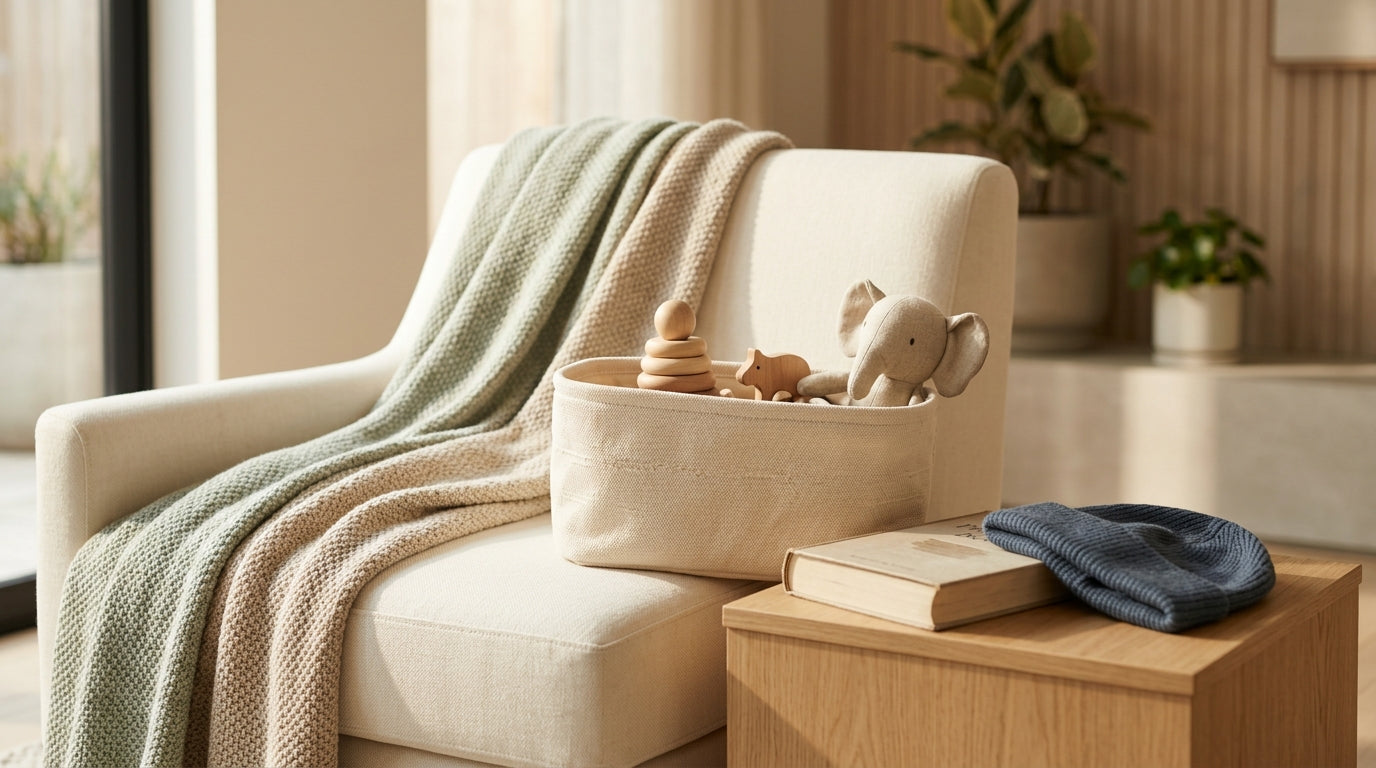 A tired father holding a cup of tea while staring blankly at a colorful children's tablet screen.