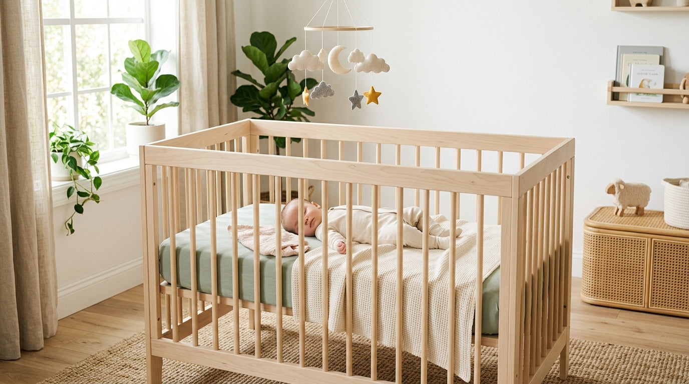 A toddler sleeping peacefully in a dark nursery room