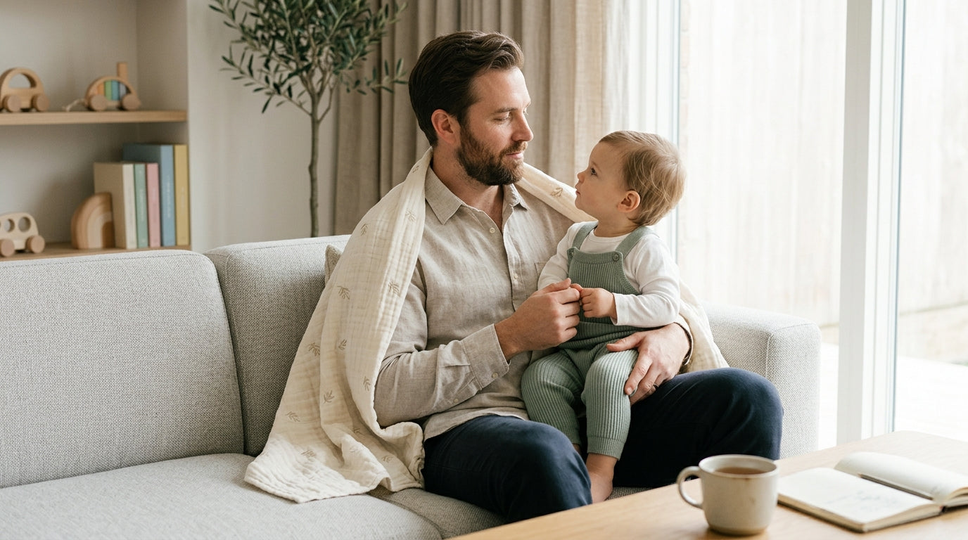 A tired dad holding two crying twin girls while staring blankly into the middle distance.