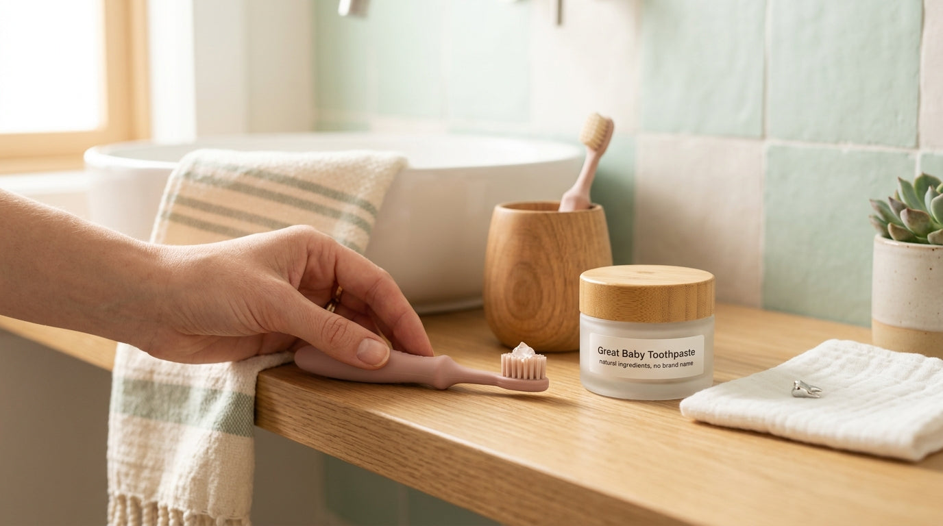 A bewildered dad trying to put a tiny grain of baby toothpaste on a silicone brush
