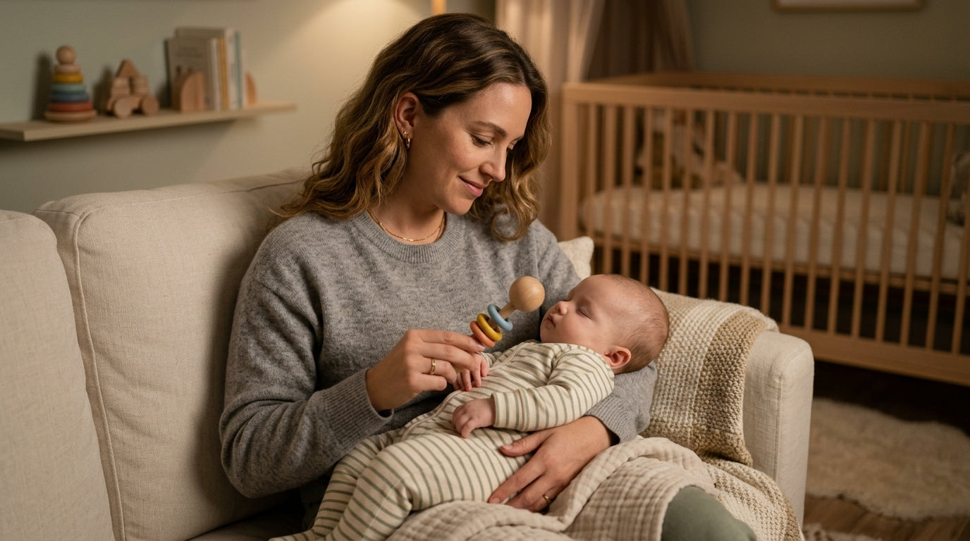 A minimalist baby playing on a soft organic linen playmat with a wooden ring instead of loud plastic toys