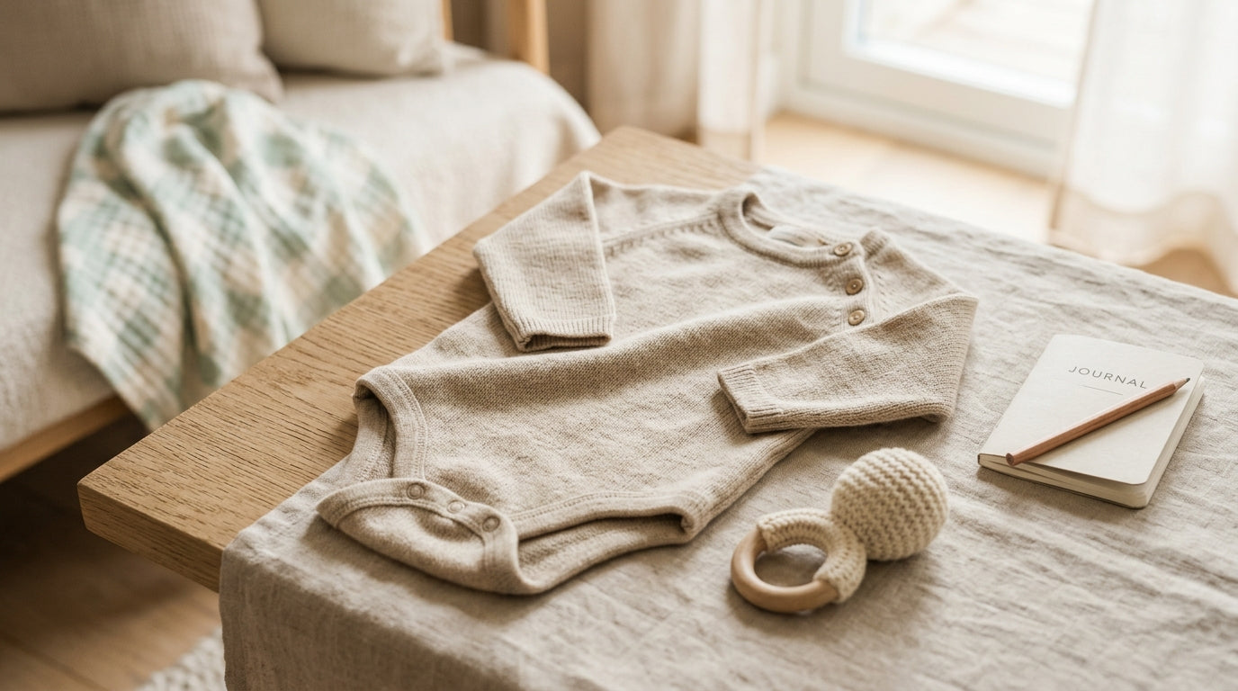 A tired British dad holding two identical merino wool bodysuits.