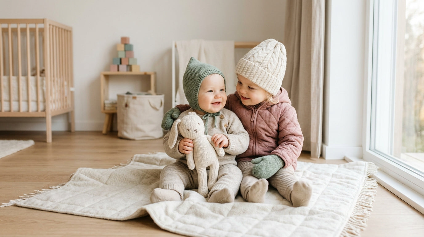 Two highly unamused snow babies wearing far too many layers in a cold London park.