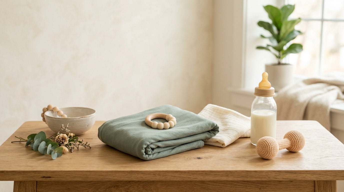 A tired mom holding her 3-month-old baby who is chewing on a natural wooden teething ring