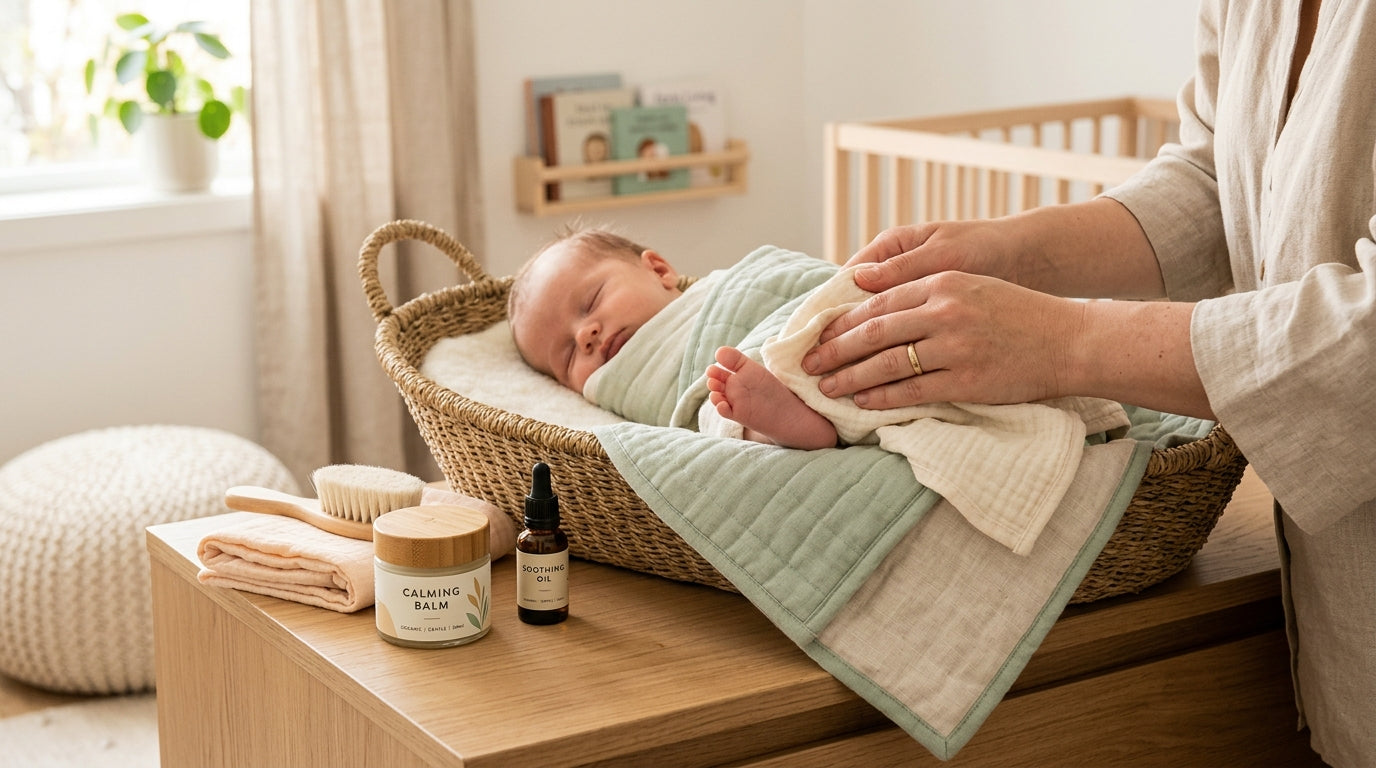 Exhausted mom looking at a crying baby in a dimly lit kitchen