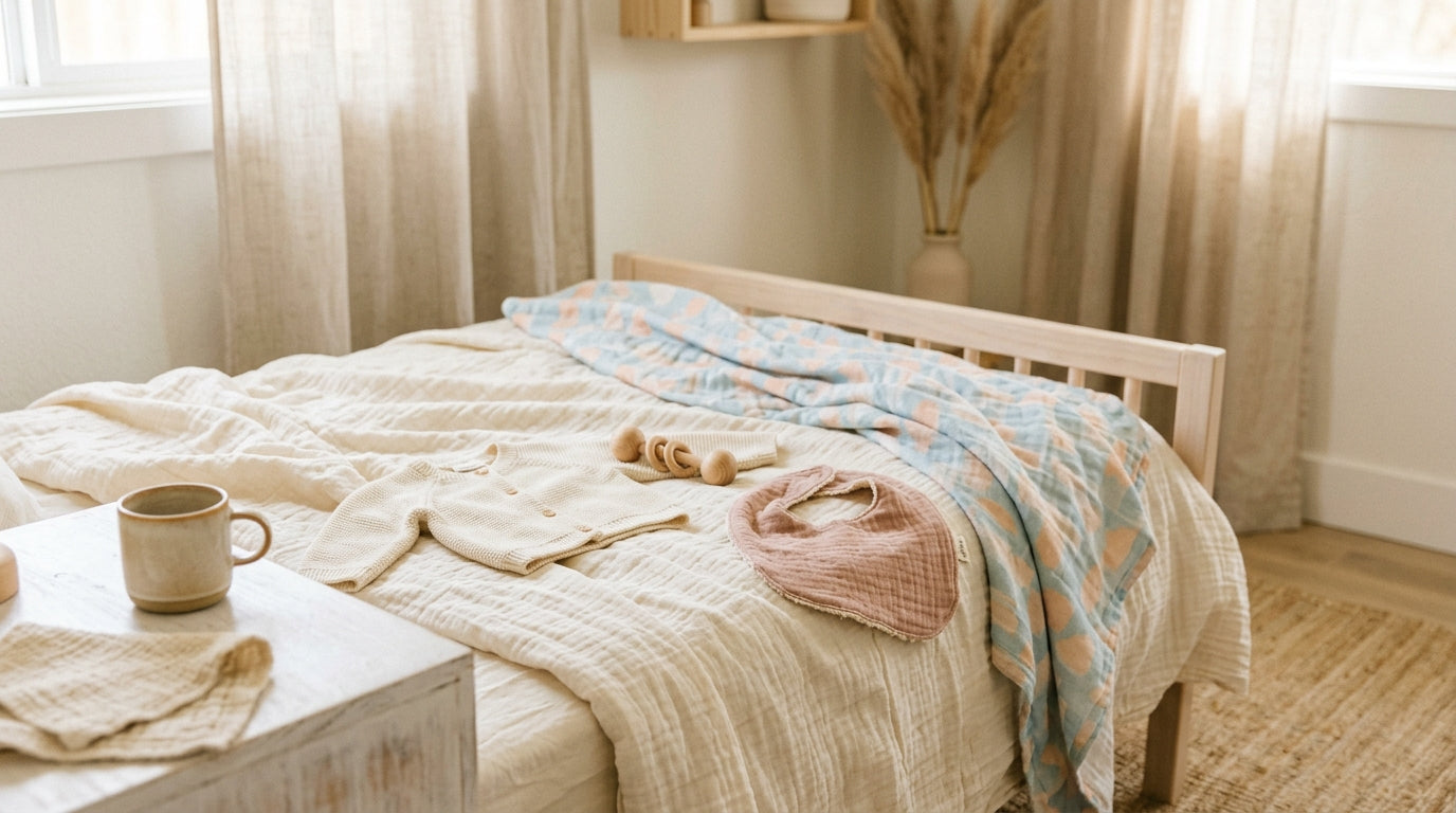 Tired mother folding organic cotton baby clothes on a messy bed.