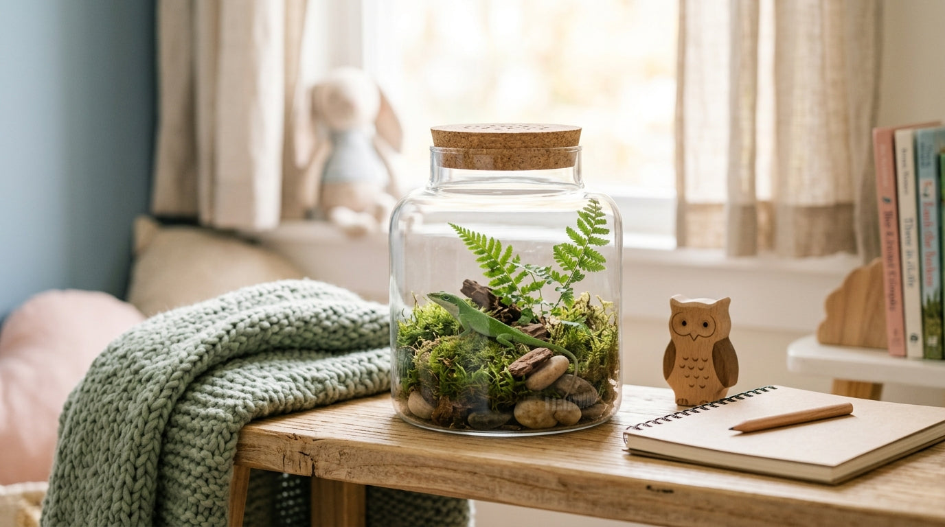A mother holding a coffee cup while looking at a tiny hatchling turtle on a trail