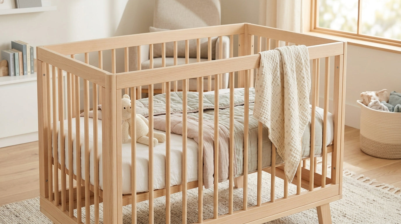 Two modern wooden baby beds side by side in a dimly lit nursery