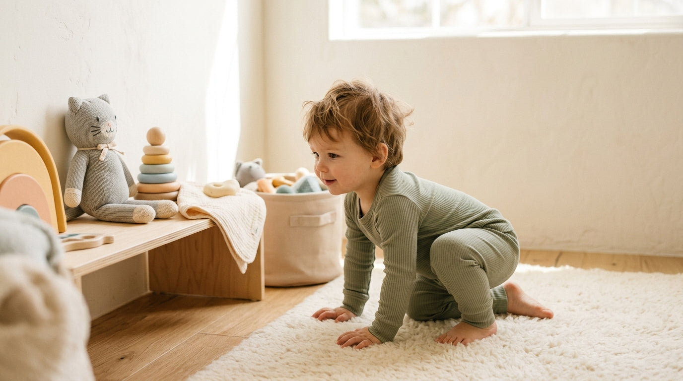 Toddler acting out i'm a baby kitten where is mama on a rug